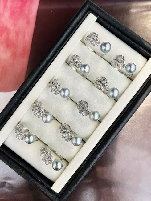 7-8mm Silver Blue Akoya Pearl Zirconia Feather Open Ring